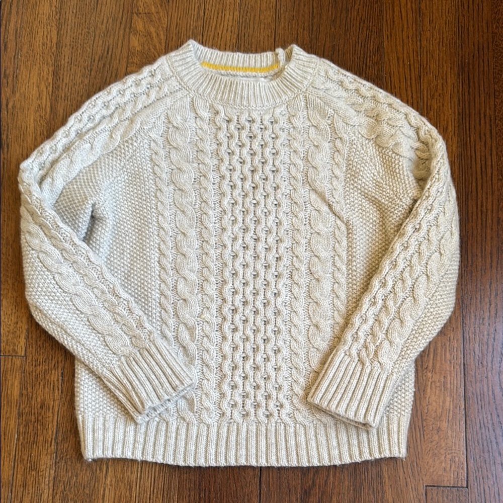 Mini Biden kids fisherman cable knit crew neck sweater, cream, size 4-5